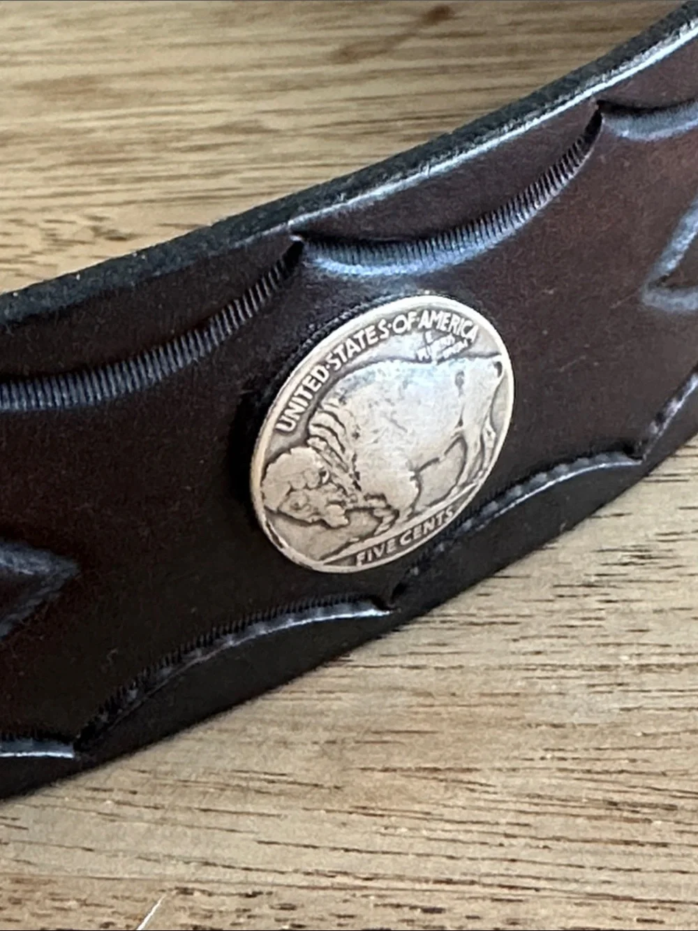 Country Western leather cowboy belt w buckle piranha fish buffalo nickel 44” new
